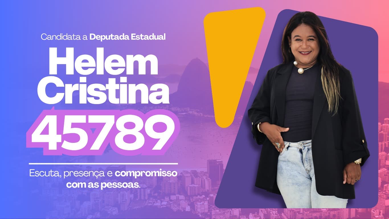 Arte oficial de campanha de Helem Cristina para deputada estadual no Rio de Janeiro, número 45789